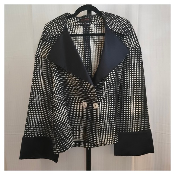 Escada‎ Silk Lapel Boxy Woven Jacket EU 44 US 12 Belt Loops No Belt Black White - Picture 7 of 16